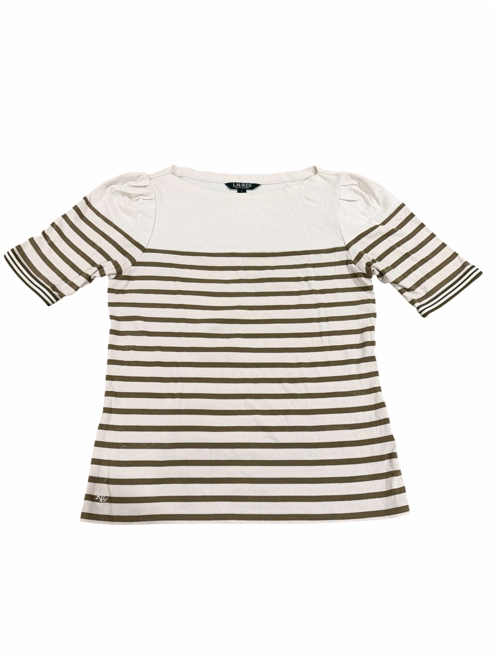 Lauren Ralph Lauren Striped Puff Sleeve Top Women’s Large Olive Green White